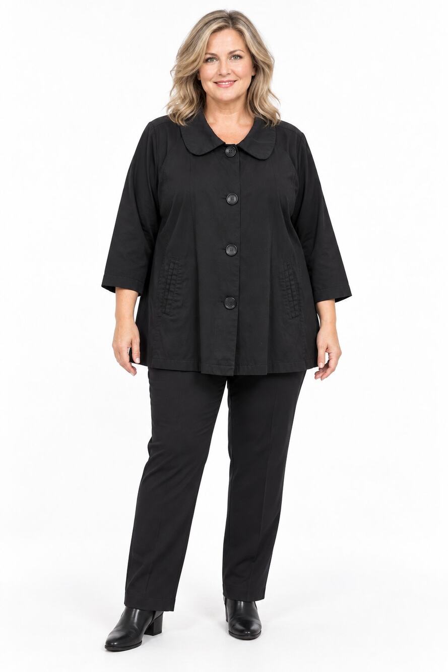 Plus Size 2X Black Cotton Blend Swing Coat Rounded Collar Button Front